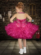2014 Popular Halter Beading and Ruffles Hot Pink Little Girl Dress with Lace-up
