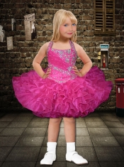 2014 Popular Halter Beading and Ruffles Hot Pink Little Girl Dress with Lace-up