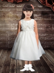 2014 Popular White Tea-length Scoop Flower Girl Dress with Hand Made Flowers