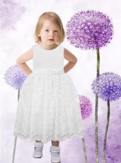 2014 Popular White Tea-length Scoop Flower Girl Dress with Lace