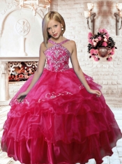 2014 Pretty Halter Hot Pink Little Girl Pageant Dresses with Beading
