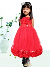2014 Red Bateau Tea-length Little Girl Dress with Ruching