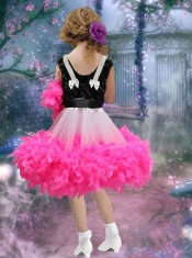 2014 Rose Pink A-Line Knee-length Ruffles and Hand Made Flowers Little Girl Dress with Scoop