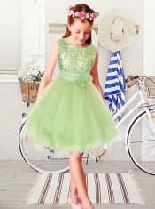 2014 Sequins and Hand Made Flowers Organza Flower Girl Dress in Hot Pink
