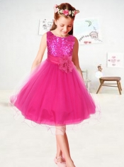 2014 Sequins and Hand Made Flowers Organza Flower Girl Dress in Hot Pink