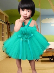 2014 Short Hand Made Flowers Turquoise Little Girl Dress with Straps