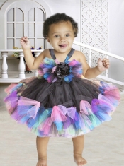 2014 Short Knee-length Hand Made Flowers Multi-color Little Girl Dress with Straps