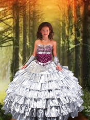 2014 Strapless Silver Little Girl Pageant Dress with Ruffled Layers
