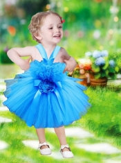2014 Straps Short Tea-length Little Girl Dress with Hand Made Flowers
