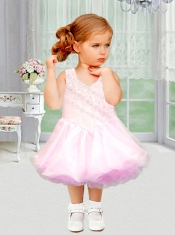2014 Sweet Baby Pink A-Line Tea-length Little Girl Dress with Appliques and Beading