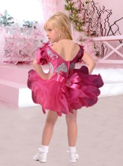2014 V-neck Short Sleeves Beading and Appliques Hot Pink Little Girl Dress