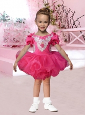 2014 V-neck Short Sleeves Beading and Appliques Hot Pink Little Girl Dress