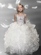 2014 White Ball Gown Halter Beading Little Gril Pageant Dress
