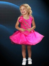 A-Line Halter Beading and Appliques Backless Little Girl Dress in Hot Pink