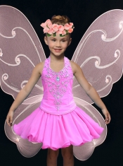 A-Line Halter Mini-length Hot Pink Little Girl Dress with Beading