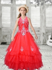 A-Line Halter Organza Beading Little Girl Pageant Dress in Red
