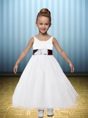 A-Line Hand Made Flowers Off the Shoulder 2014 Flower Girl Dress with Tea-length