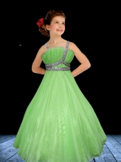 A-Line Hot Pink Straps Beading Little Gril Pageant Dress with Pleats