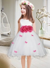 A-Line knee-length Flower Girl Dress with Hand Made Flowers and Bowknot