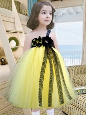 A-Line One Shoulder Yellow and Blue Tulle Hand Made Flowers Little Girl Dress for 2014
