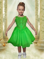A-Line Scoop Appliques and Beading Tea-length Little Girl Dress in Spring Green