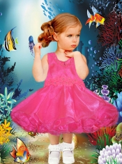 A-Line Scoop Tea-length Appliques and Ruffles Hot Pink Little Girl Dress for 2014