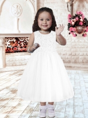 A-Line Scoop Tea-length Flower Girl Dress with Beading for 2014