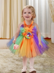 A-Line Straps Hand Made Flowers 2014 Little Girl Dress in Multi-color