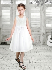 A-Line Tea-length Bowknot White Lace Flower Girl Dress with Scoop