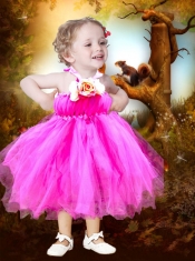 A-Line Tea-length Halter Little Girl Dress with Hand Made Flowers and Ruching