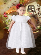 A-Line Tea-length Short Sleeves Formal Flower Girl Dress with Appliques and Ruffles