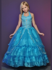 Affordable Halter Ball Gown Floor-length Little Girl Pageant Dresses in Royal Blue