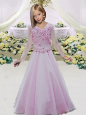 Affordable V-neck Aqua Blue Little Gril Pageant Dresses with Long SLeeves