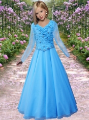 Affordable V-neck Aqua Blue Little Gril Pageant Dresses with Long SLeeves