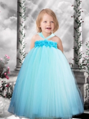 Amazing Halter Top Ball Gown Floor-length Little Girl Dress in Light Blue