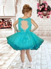 Appliques and Ruffles Mini-length A-Line Square Popular Little Girl Dress in Turquoise