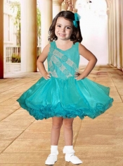 Appliques and Ruffles Mini-length A-Line Square Popular Little Girl Dress in Turquoise