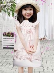 Appliques Bateau Short Sleeves Zipper-up Satin Flower Girl Dress in Baby Pink