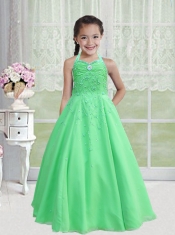 Aqua Blue Halter Cheap Little Gril Pageant Dress with Beades Decorate