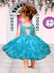 Aque Blue Scoop Knee-length Little Girl Dress with Embroidery
