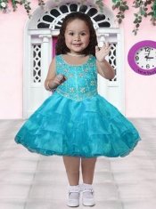 Aque Blue Scoop Knee-length Little Girl Dress with Embroidery