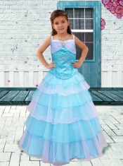 Aque Blue Straps A-Line Little Girl Pageant Dress with Embroidery