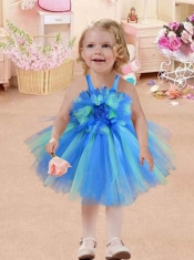 Baby Blue Straps Short Tea-length Little Girl Dresses with Hand Made Flowers