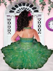 Ball Gown Halter Beading and Ruffles Mini-length Little Girl Dress in Green