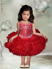 Ball Gown Red Knee-length Beading Little Girl Dress with Scoop