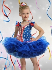 Ball Gown Square Mini-length Beading and Appliques Blue Little Girl Dress