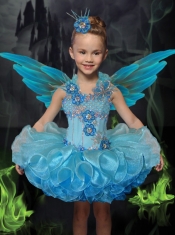 Ball Gown Square Mini-length Beading Appliques Blue Exquisite Little Girl Dress