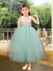 Ball Gown Straps Ankle-length Blue Little Girl Dresses with Appliques