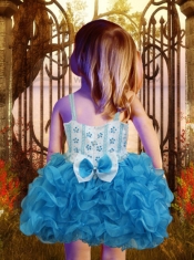 Ball Gown Straps Mini-length Blue Little Girl Dress with Bowknot