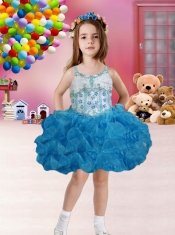Ball Gown Straps Mini-length Blue Little Girl Dress with Bowknot